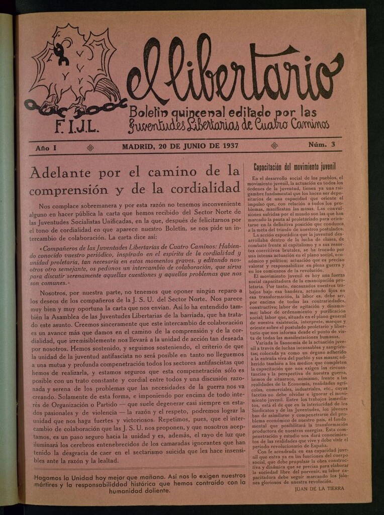 Miniatura de El Libertario : boletín quincenal editado por las Juventudes Libertarias de Cuatro Caminos del 20 de junio de 1937