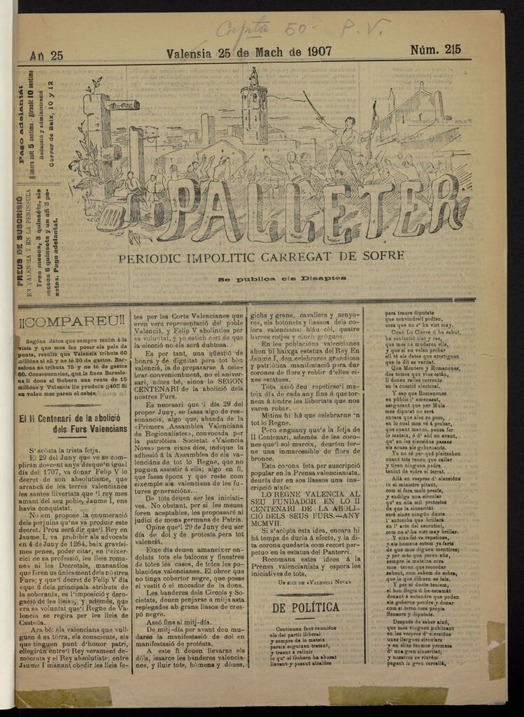 Miniatura de El Palleter : periodic impolitic carregat de sofre del 25 de marzo de 1907