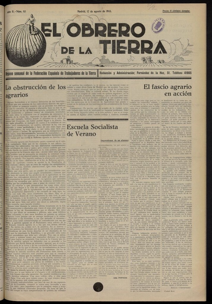 Miniatura de El obrero de la tierra del 12 de agosto de 1933
