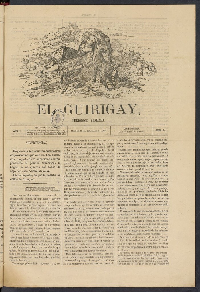 Miniatura de El Guirigay: periódico semanal del 16 de septiembre de 1865