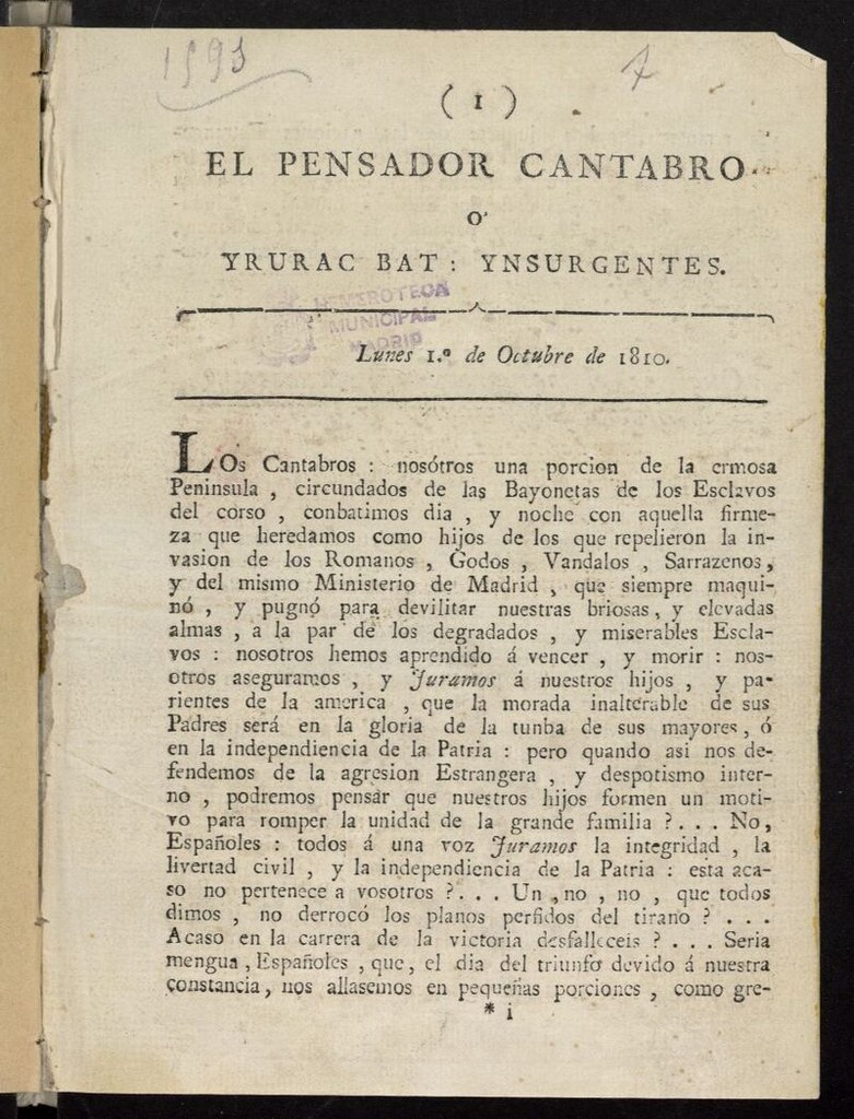 Miniatura de El Pensador Cántabro del 1 de octubre de 1810