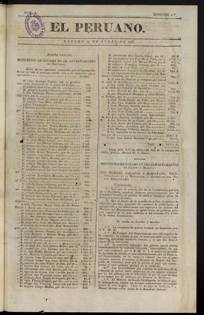 Miniatura de El peruano (Lima, 1827) del 14 de julio de 1827