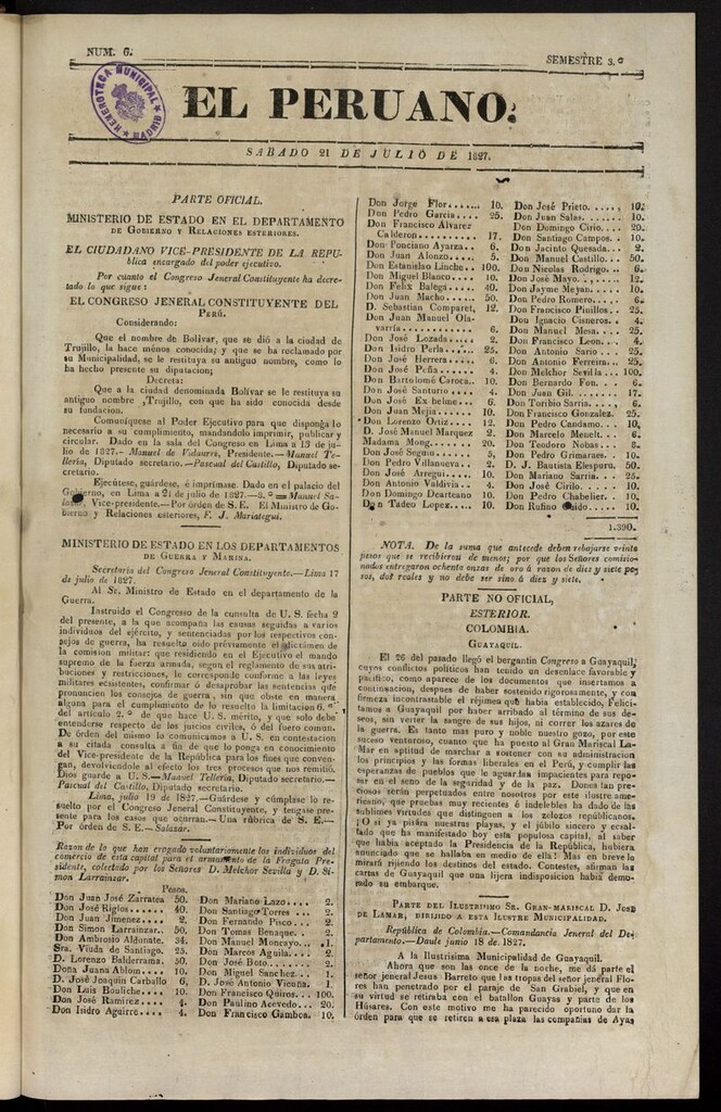 Miniatura de El peruano (Lima, 1827) del 21 de julio de 1827