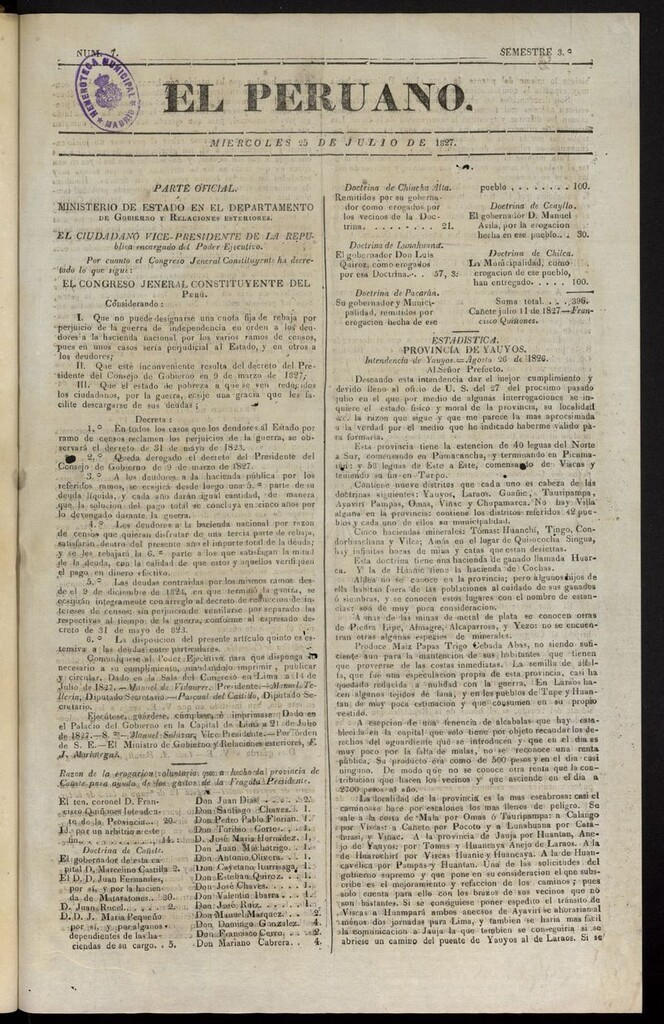 Miniatura de El peruano (Lima, 1827) del 25 de julio de 1827