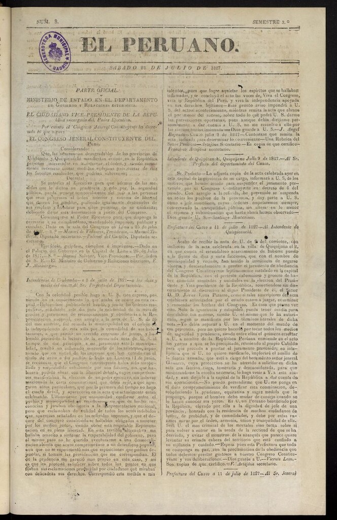 Miniatura de El peruano (Lima, 1827) del 28 de julio de 1827