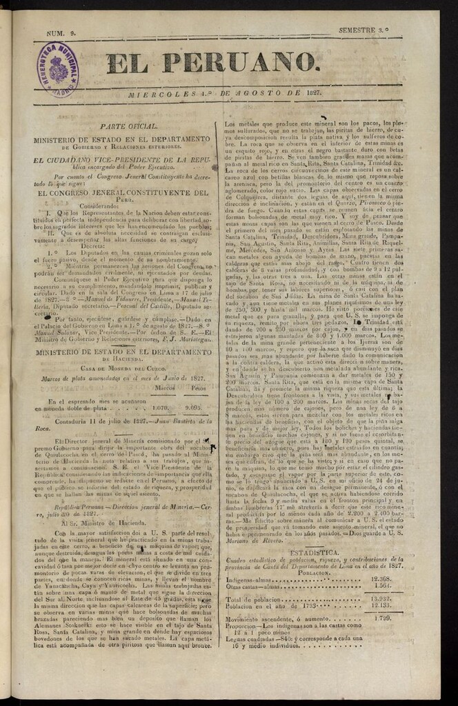 Miniatura de El peruano (Lima, 1827) del 1 de agosto de 1827
