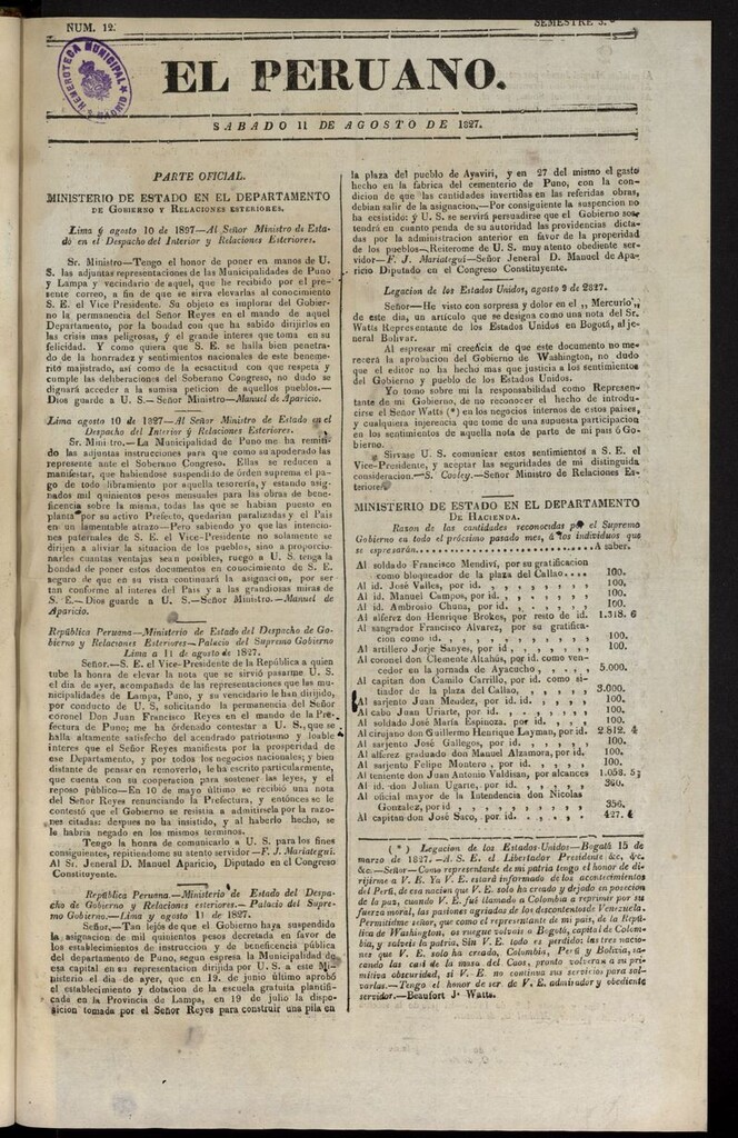 Miniatura de El peruano (Lima, 1827) del 11 de agosto de 1827