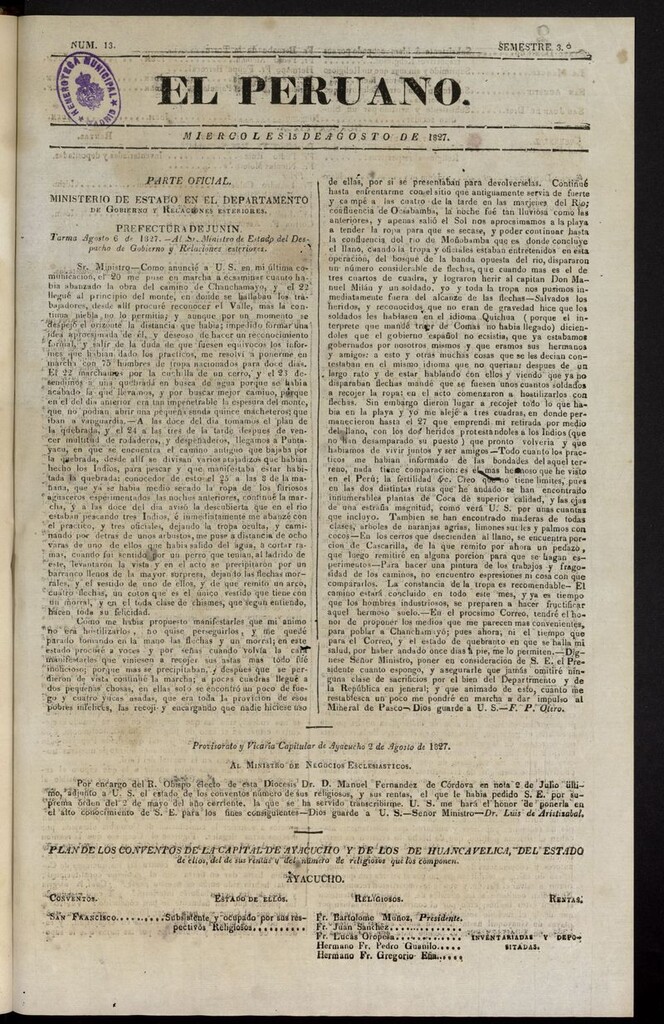 Miniatura de El peruano (Lima, 1827) del 15 de agosto de 1827