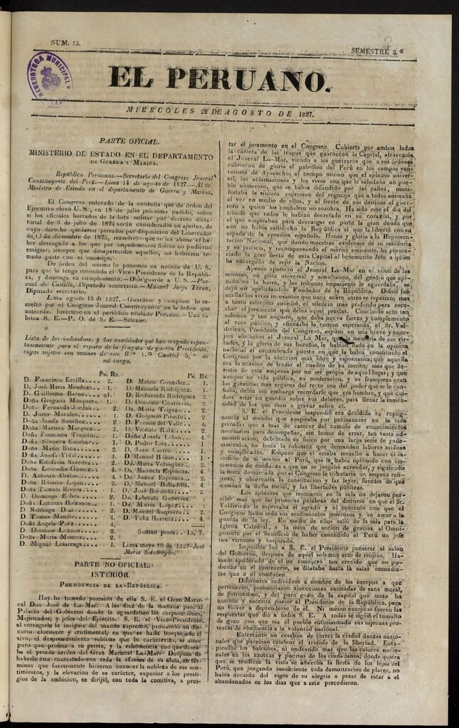 Miniatura de El peruano (Lima, 1827) del 22 de agosto de 1827