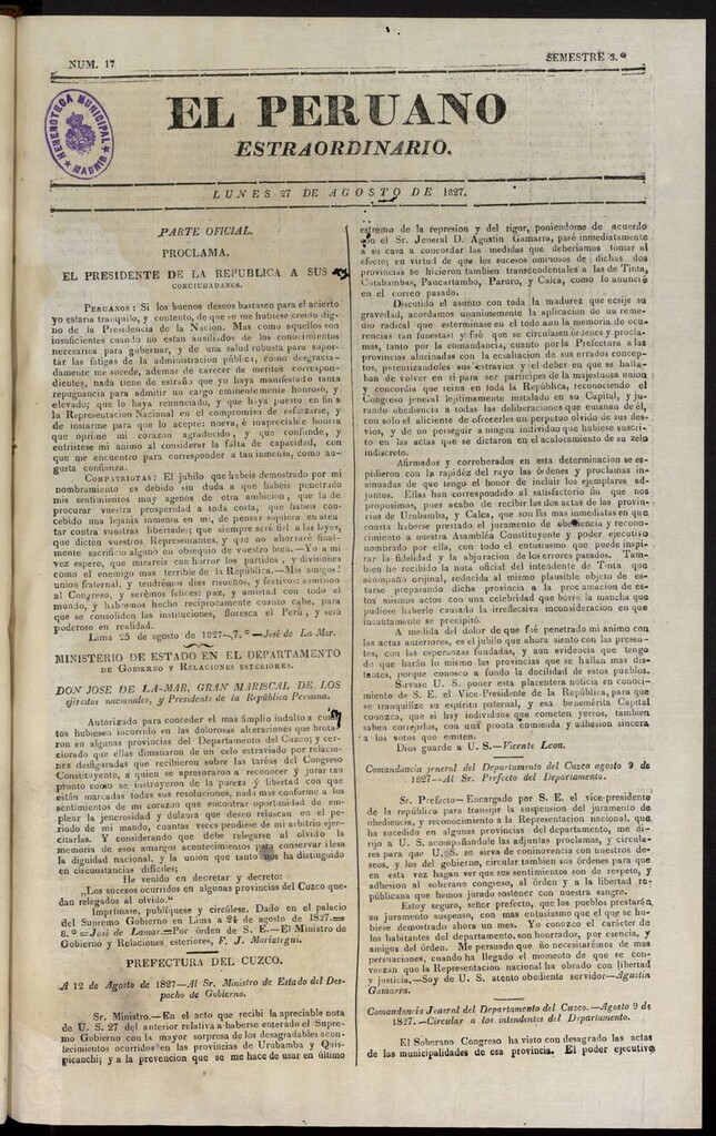 Miniatura de El peruano (Lima, 1827) del 27 de agosto de 1827