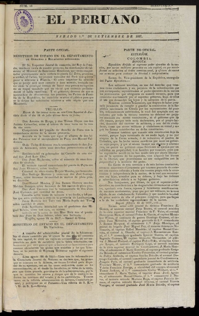 Miniatura de El peruano (Lima, 1827) del 1 de septiembre de 1827