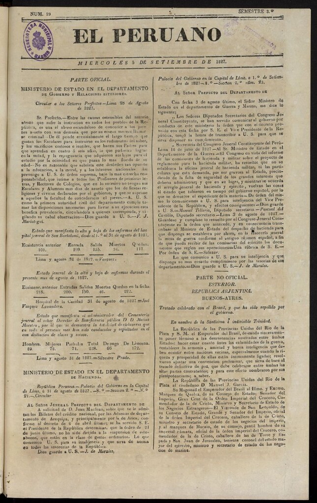 Miniatura de El peruano (Lima, 1827) del 5 de septiembre de 1827