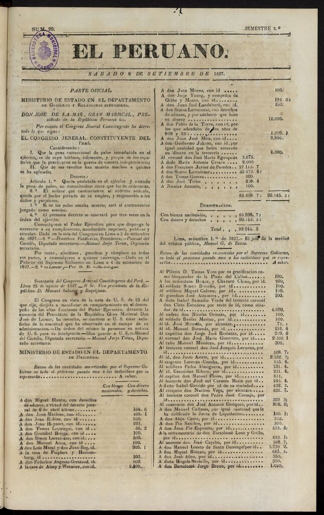 Miniatura de El peruano (Lima, 1827) del 8 de septiembre de 1827