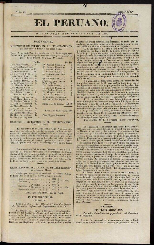 Miniatura de El peruano (Lima, 1827) del 12 de septiembre de 1827