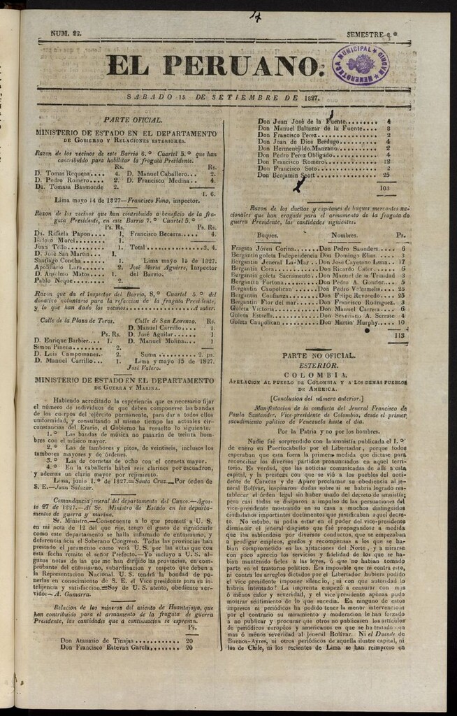 Miniatura de El peruano (Lima, 1827) del 15 de septiembre de 1827
