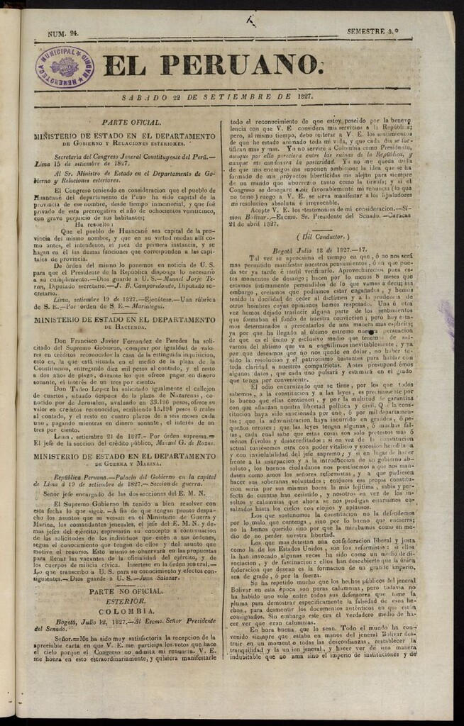 Miniatura de El peruano (Lima, 1827) del 22 de septiembre de 1827