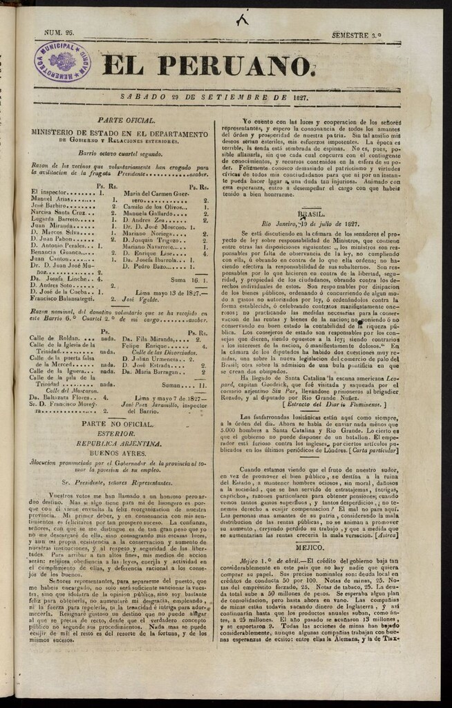 Miniatura de El peruano (Lima, 1827) del 29 de septiembre de 1827