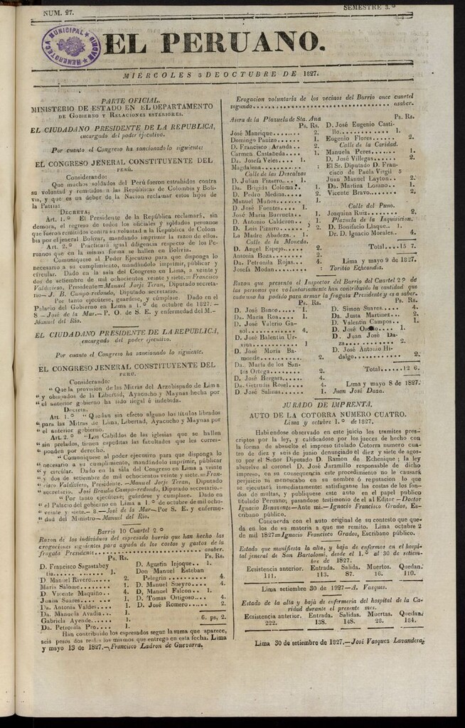 Miniatura de El peruano (Lima, 1827) del 3 de octubre de 1827