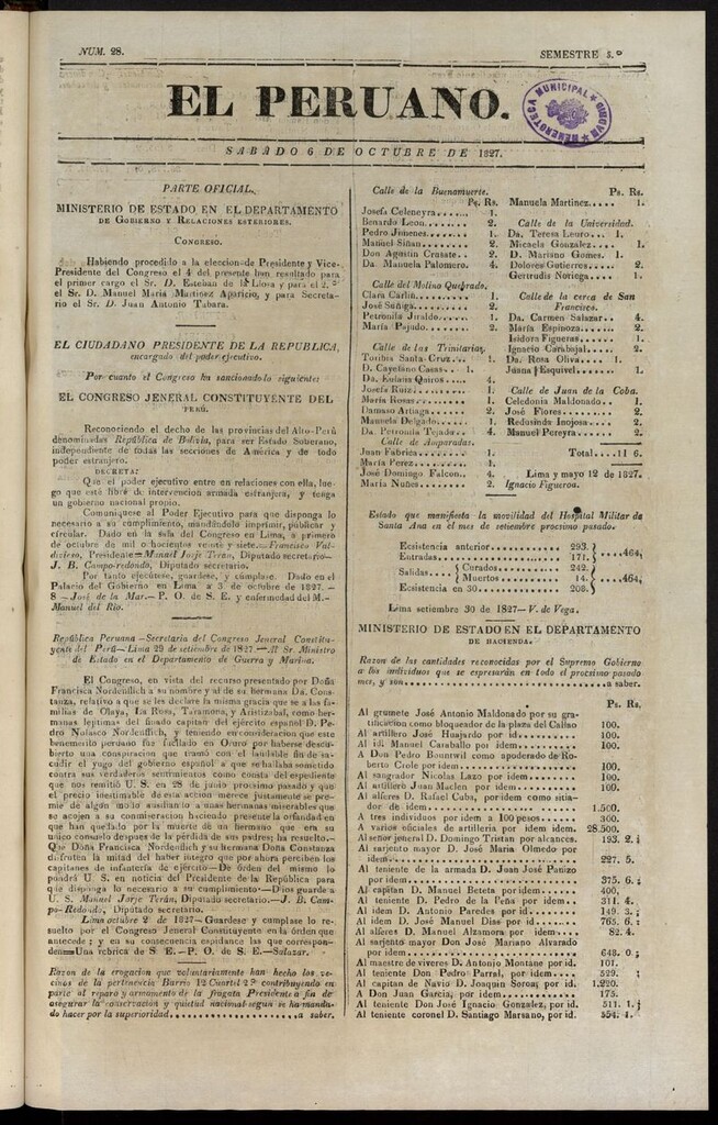Miniatura de El peruano (Lima, 1827) del 6 de octubre de 1827