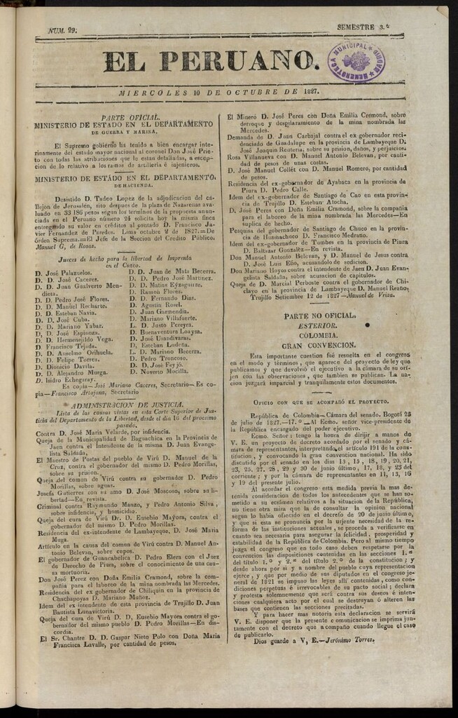 Miniatura de El peruano (Lima, 1827) del 10 de octubre de 1827