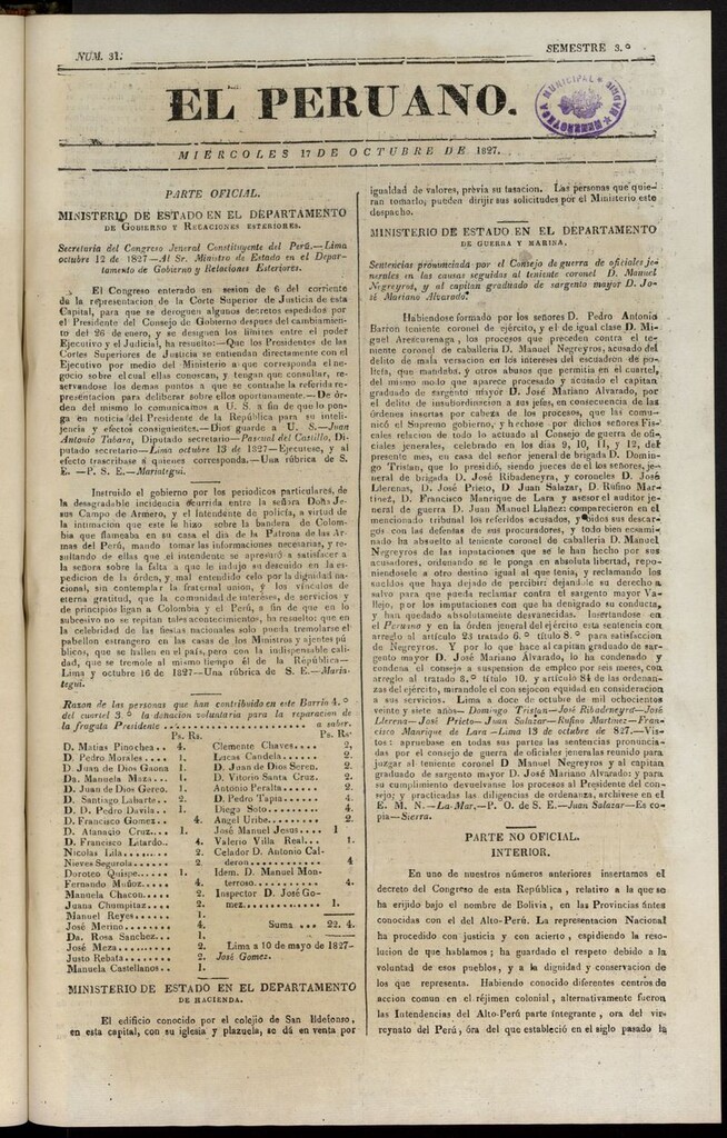Miniatura de El peruano (Lima, 1827) del 17 de octubre de 1827