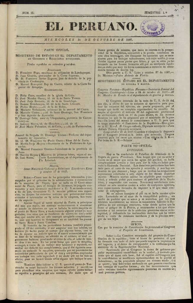 Miniatura de El peruano (Lima, 1827) del 31 de octubre de 1827