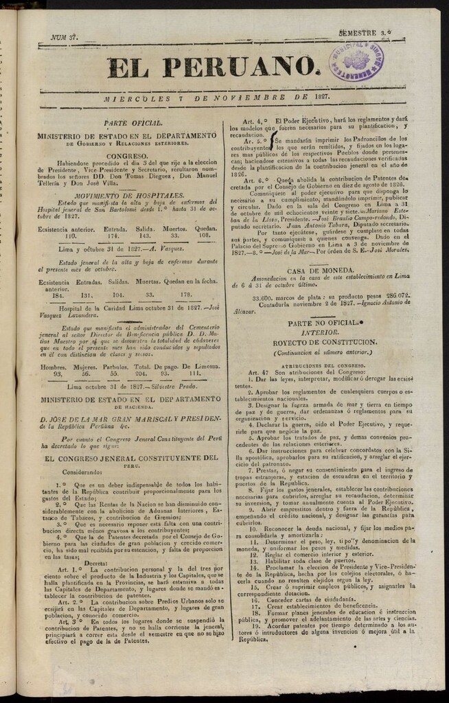 Miniatura de El peruano (Lima, 1827) del 7 de noviembre de 1827