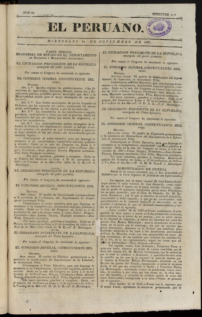 Miniatura de El peruano (Lima, 1827) del 14 de noviembre de 1827