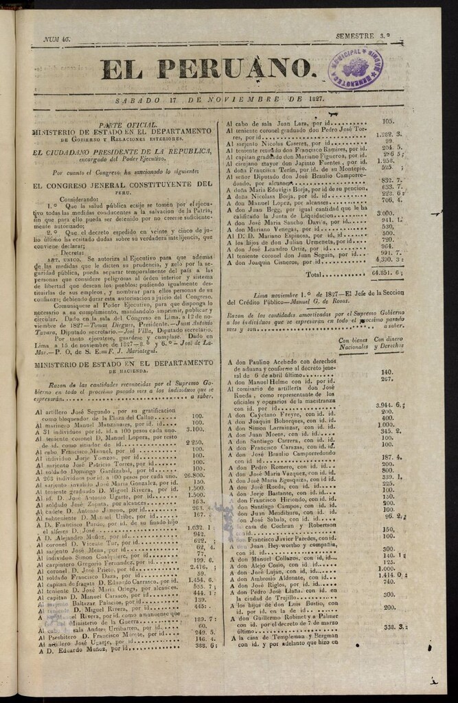 Miniatura de El peruano (Lima, 1827) del 17 de noviembre de 1827