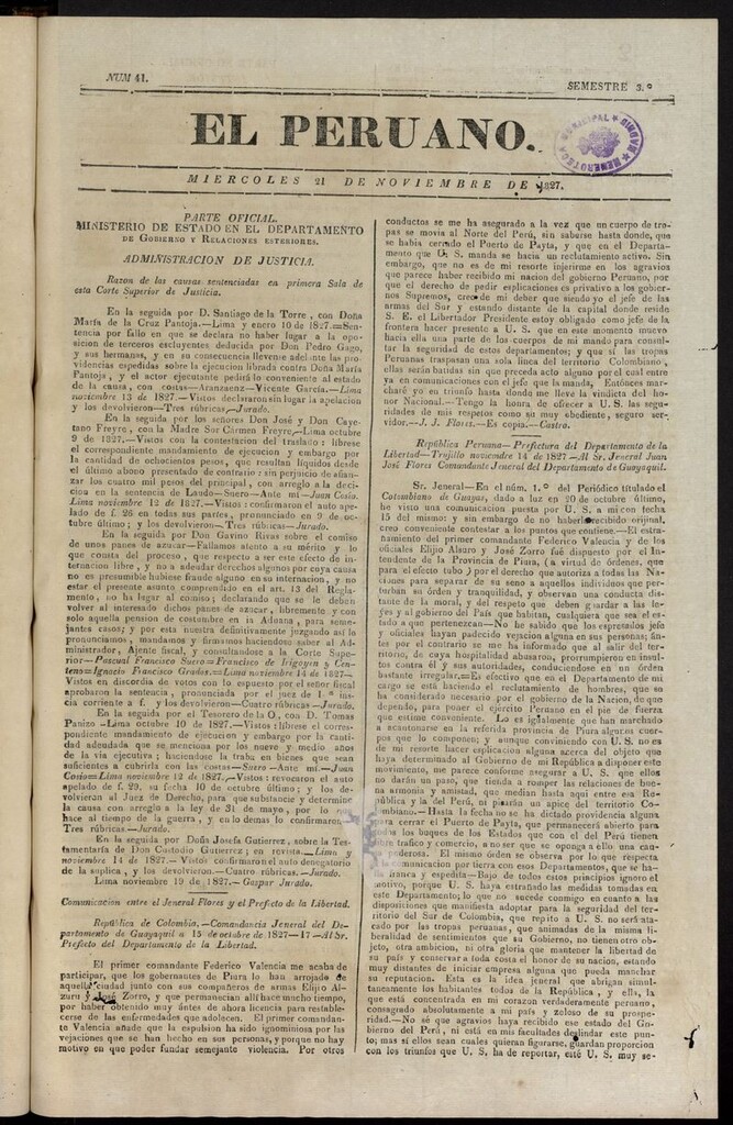 Miniatura de El peruano (Lima, 1827) del 21 de noviembre de 1827