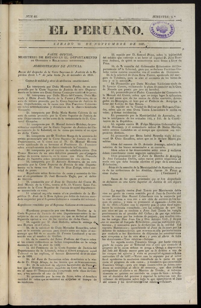 Miniatura de El peruano (Lima, 1827) del 25 de noviembre de 1827