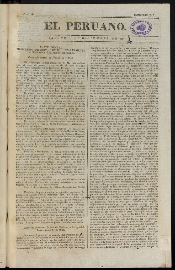 Miniatura de El peruano (Lima, 1827) del 1 de diciembre de 1827
