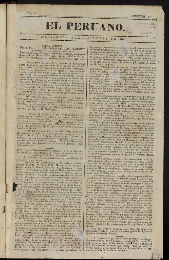 Miniatura de El peruano (Lima, 1827) del 11 de diciembre de 1827