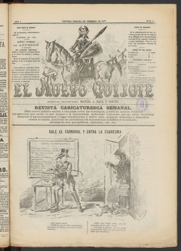 Miniatura de El Nuevo Quijote: revista caricaturesca semanal de la tercera semana de febrero de 1877
