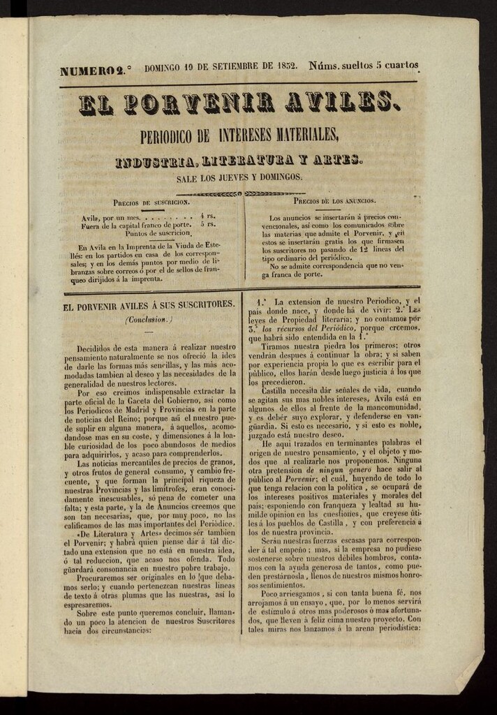 Miniatura de El Porvenir Avilés del 19 de septiembre de 1852