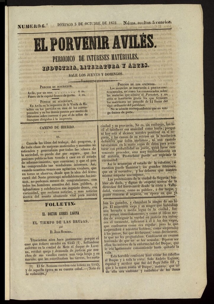 Miniatura de El Porvenir Avilés del 3 de octubre de 1852