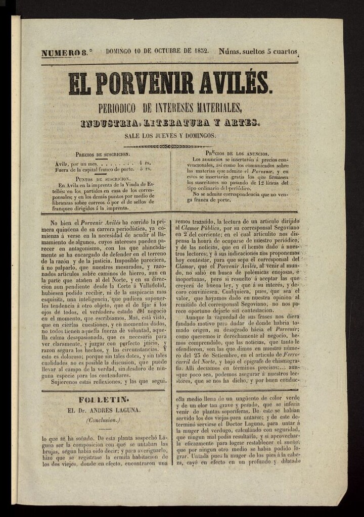 Miniatura de El Porvenir Avilés del 10 de octubre de 1852