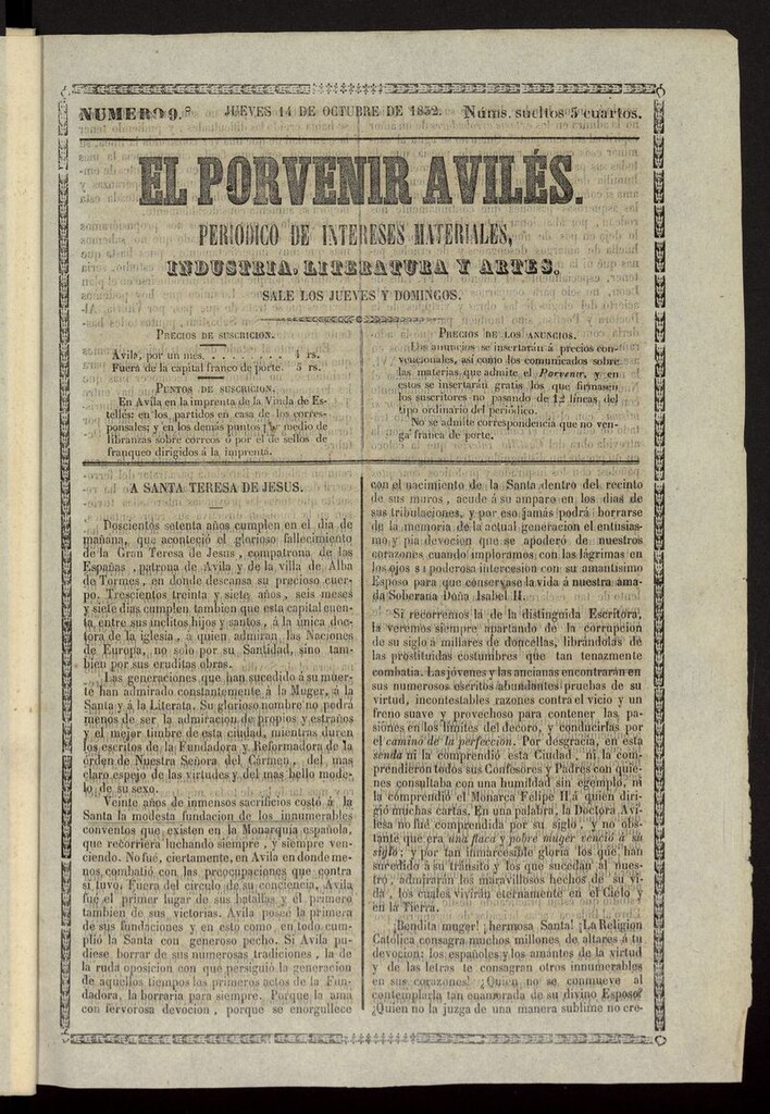 Miniatura de El Porvenir Avilés del 14 de octubre de 1852