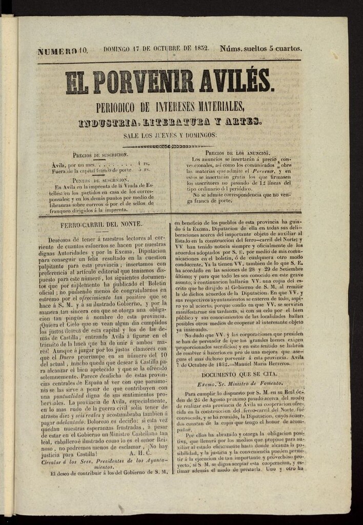 Miniatura de El Porvenir Avilés del 17 de octubre de 1852