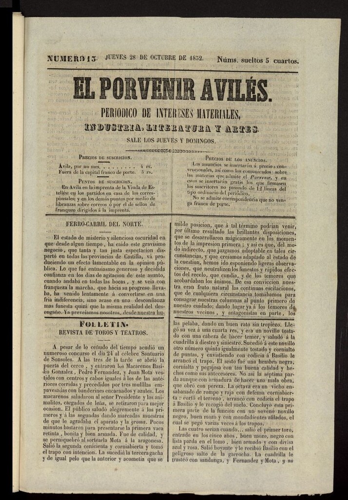 Miniatura de El Porvenir Avilés del 28 de octubre de 1852