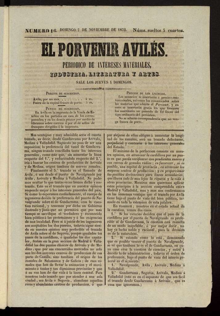 Miniatura de El Porvenir Avilés del 7 de noviembre de 1852