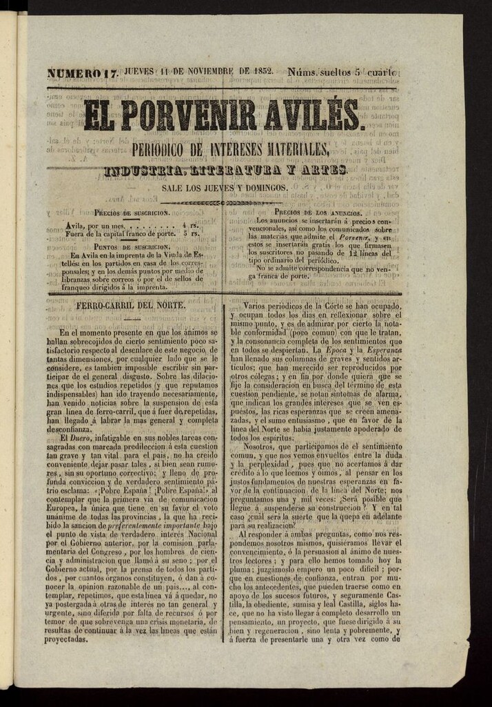 Miniatura de El Porvenir Avilés del 11 de noviembre de 1852