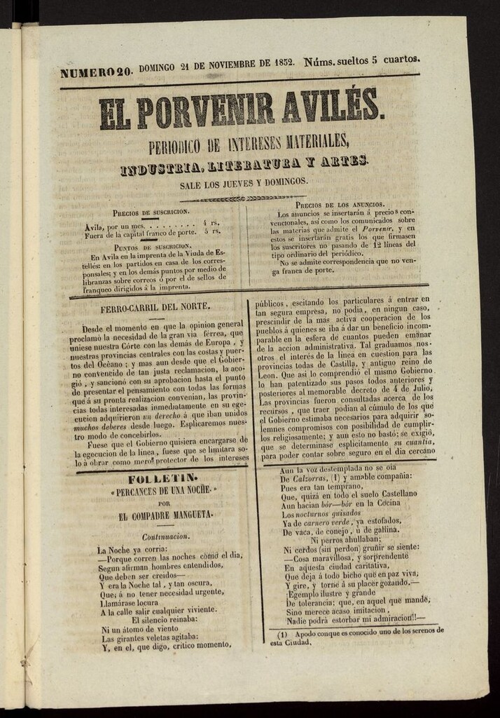 Miniatura de El Porvenir Avilés del 21 de noviembre de 1852