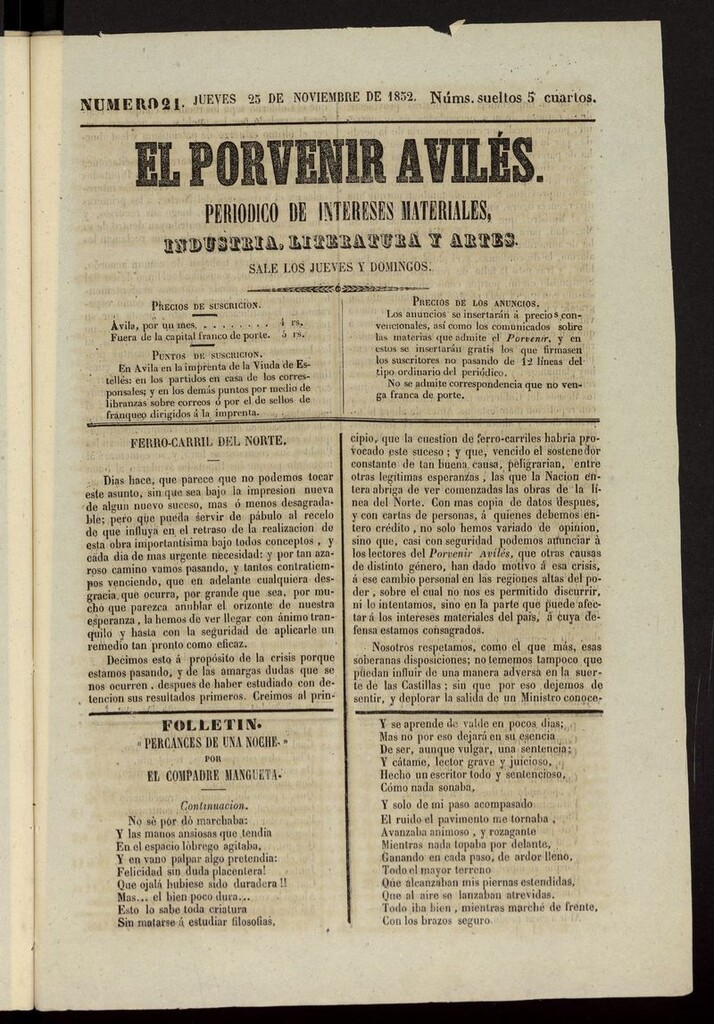Miniatura de El Porvenir Avilés del 25 de noviembre de 1852
