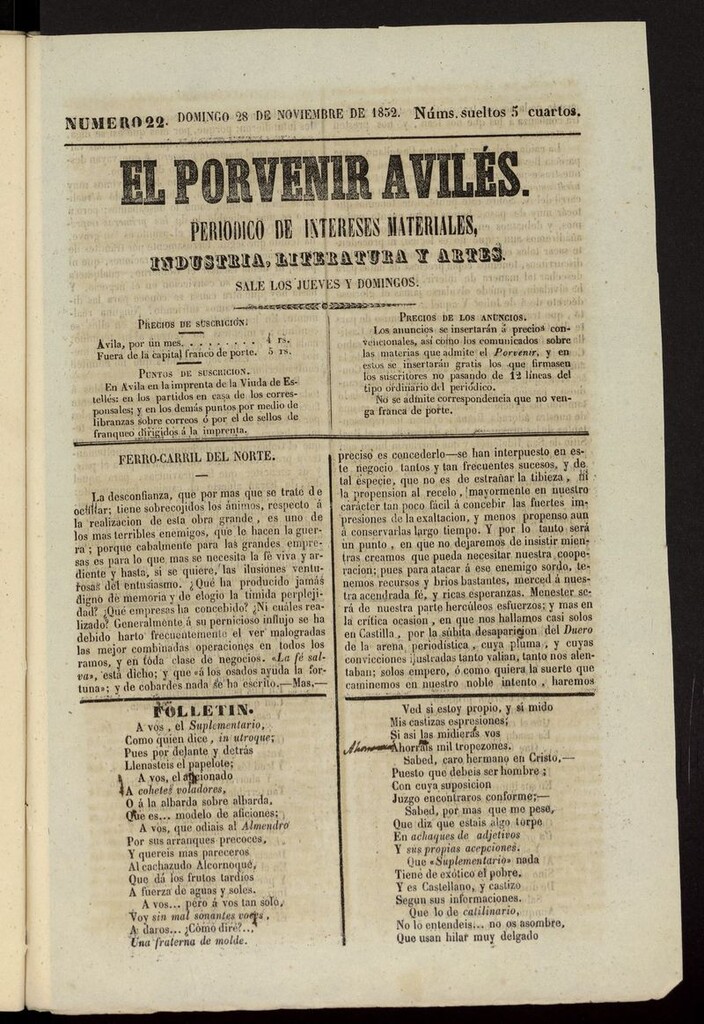 Miniatura de El Porvenir Avilés del 28 de noviembre de 1852