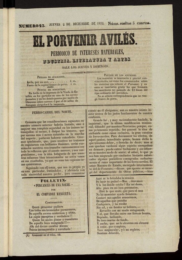 Miniatura de El Porvenir Avilés del 2 de diciembre de 1852