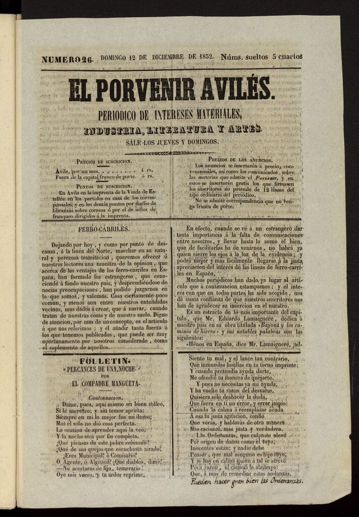 Miniatura de El Porvenir Avilés del 12 de diciembre de 1852