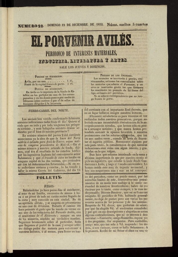 Miniatura de El Porvenir Avilés del 19 de diciembre de 1852