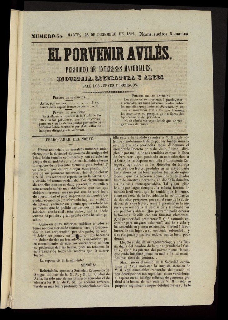 Miniatura de El Porvenir Avilés del 28 de diciembre de 1852