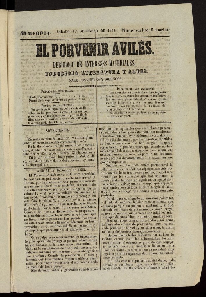 Miniatura de El Porvenir Avilés del 1 de enero de 1853